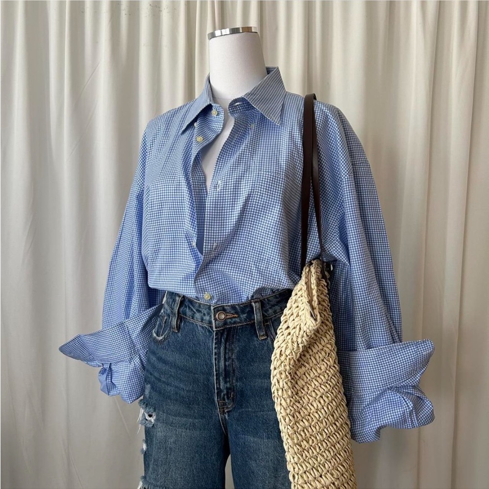 Peter Millar Blue Mini Gingham Check Cotton Button-down shirt. - Picture 4 of 7